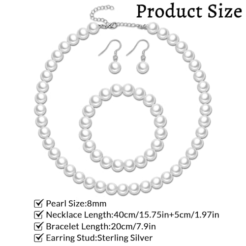 12 Pcs Pearl Necklace Jewelry Sets for Women- 4 Sets Classic 8mm White Faux Pearl Necklace Earring and Bracelet Set - Beaded Necklaces Jewelry for Wedding Bridal Shower Gifts