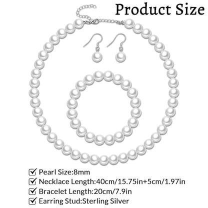 12 Pcs Pearl Necklace Jewelry Sets for Women- 4 Sets Classic 8mm White Faux Pearl Necklace Earring and Bracelet Set - Beaded Necklaces Jewelry for Wedding Bridal Shower Gifts