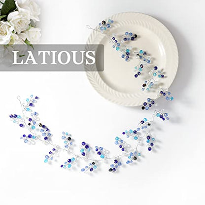 Bride Wedding Hair Vine Blue Rhinestones Bridal Hair Accessories Beaded Headband Hair Piece for Women and Girls (27.5 Inches) - color: Silver
