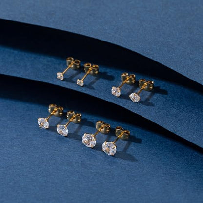 BMMYE 4 Pairs Silver Stud Earrings for Women Stainless Steel Ball Earrings | Small 14 Gold Plated Earrings Studs Set with Cubic Zirconia Waterproof Hypoallergenic Silver Ball Earring for Women - color: 4pair gold cz