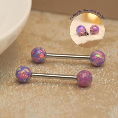 FUNLMO 1 Pair Nipple Piercing Jewelry Titanium Nipple Rings Internally Threaded Tongue Rings Bridge Piercing Jewelry Opal Nipple Barbells - color: Silver, Purple Opal Ball