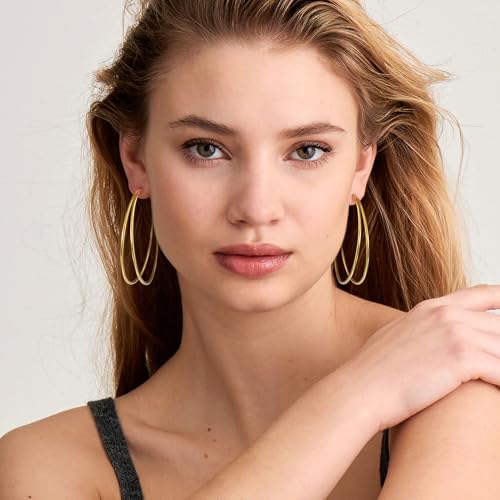 Large Thin Double Hoop Earrings for Women Lightweight Hypoallergenic 925 Sterling Silver Post 14K Gold Hoops Non Tarnish Sturdy Big Thin Double Layered Hoop Earrings 30/40/50/60mm - color: Gold, size: 60mm