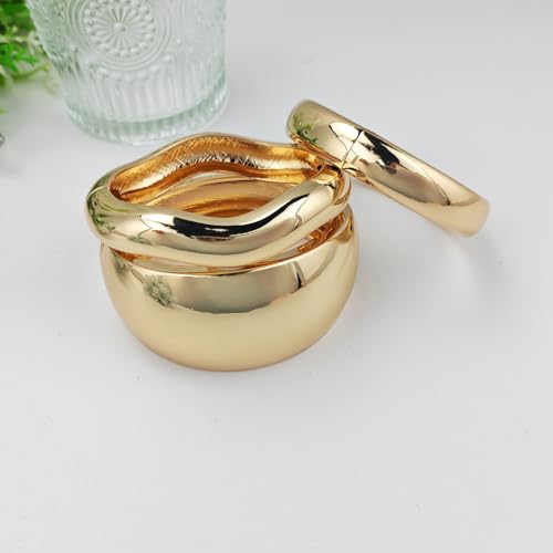 Chunky Gold Bangle Bracelets for Women, 14K Gold Plated Wide Cuff Bracelet | Stackable Open Cuff Bangles, Trendy Statement Jewelry Gift for Women - color: Gold-10