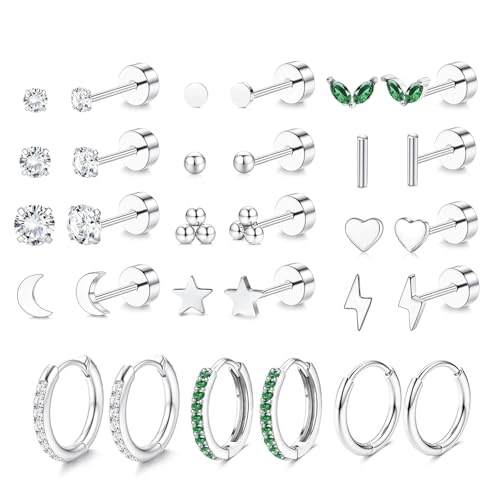 Stainless Steel Stud Earrings Set for Women Hypoallergenic Flat Back Cartilage Earrings Screw Back Huggie Hoop Earrings Multiple Piercing Cubic Zirconia Helix Tragus Jewelry - color: Set-D-Silver