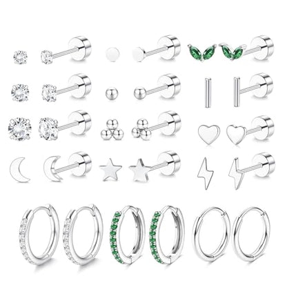 Stainless Steel Stud Earrings Set for Women Hypoallergenic Flat Back Cartilage Earrings Screw Back Huggie Hoop Earrings Multiple Piercing Cubic Zirconia Helix Tragus Jewelry - color: Set-D-Silver