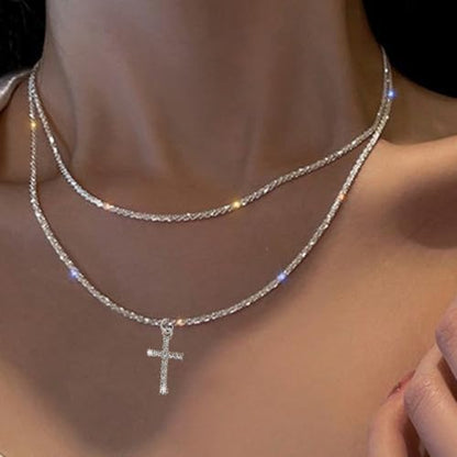 Minimal Double Layer Chain Necklace in Gold or Silver Tone, Lightweight Collar Chain for Everyday Layering - color: Silver, style: Cross Pendant