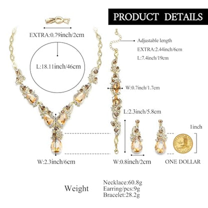Wedding Bridal Jewelry Set for Women Prom Party Accessories | Shiny Multi Teardrop Cluster Crystal Statement Necklace Dangle Earrings Link Bracelet Set for Bride Bridesmaid - color: Champagne Gold-Plated-Base