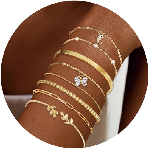 18K Gold Plated Cuff Bangle Bracelets for Women Waterproof, Gold Bracelets Stack Set, Satellite/Paperclip/Beaded/Box/Rope Butterfly&Dolphin Charms, The Leaf of Peace and Gold Cuff Bangle