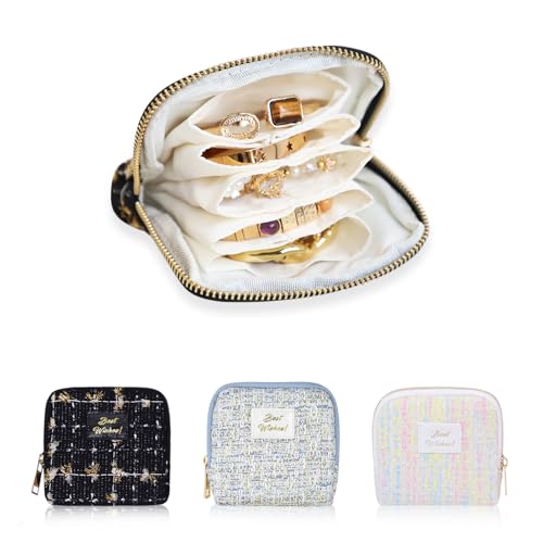 Stratalife Small Travel Jewelry Case, Qulited Storgae Pouch | Portable Jewelry Organizer for Gemstones Healing Crystal & Bracelets Bangles, 6 Pouches Ring Holder with Zipper, Black Gold - color: Quilted Black-Gold