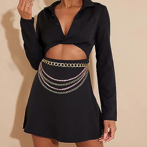 Suyi Multilayer Chain Belt Rhinestone Metal Chain Belts for Women Punk Gold Waist Chain - color: Gold Pink, size: L: 130 CM