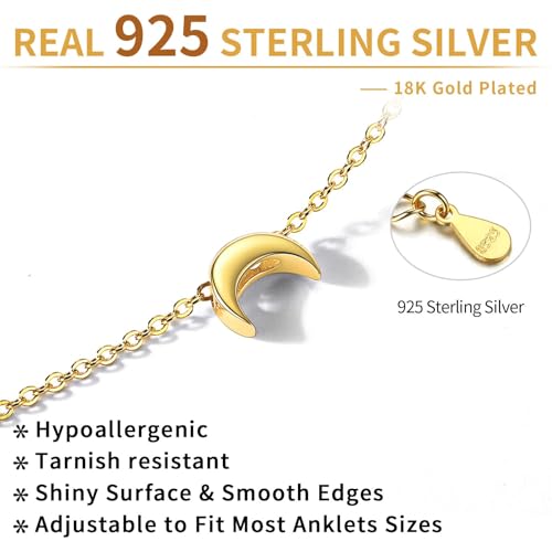 ChicSilver Personalized 925 Sterling Silver Tiny Heart/Moon/Star/Sun/Dot/Triangle Anklets Simple Dainty Foot Jewelry for Women, Silver/Gold Plated/Rose Gold Plated - style: Gold Moon