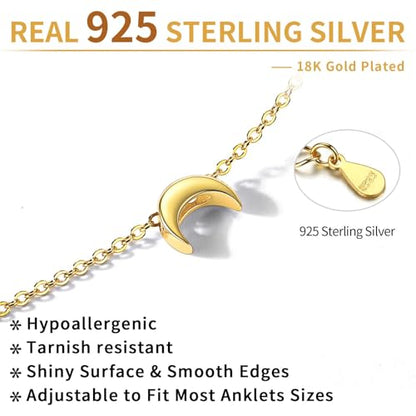ChicSilver Personalized 925 Sterling Silver Tiny Heart/Moon/Star/Sun/Dot/Triangle Anklets Simple Dainty Foot Jewelry for Women, Silver/Gold Plated/Rose Gold Plated - style: Gold Moon