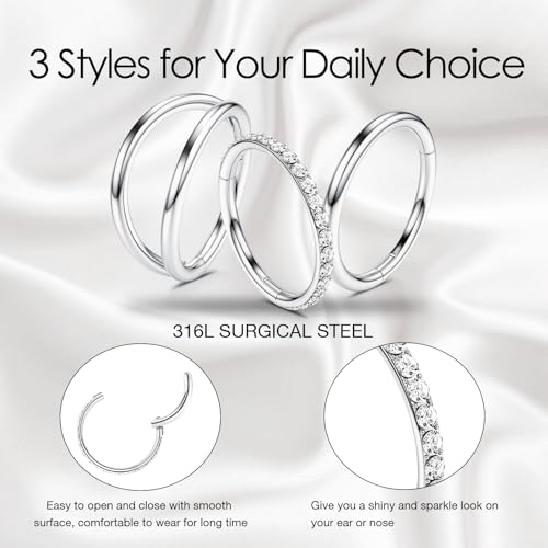 WBRWP Nose Rings Hoops for Women: 316L Surgical Steel Double Hoop Nose Rings Hinged CZ Septum Clicker Conch Cartilage Helix Rook Tragus Daith Earring Hoops Piercing Jewelry - color: Silver, size: 14G 7mm