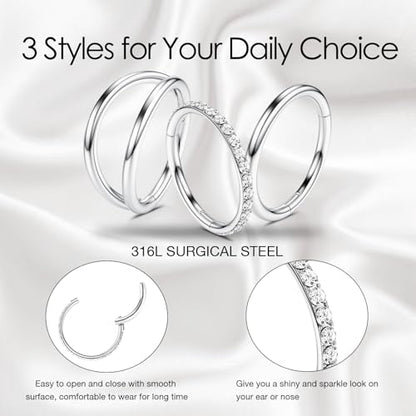 WBRWP Nose Rings Hoops for Women: 316L Surgical Steel Double Hoop Nose Rings Hinged CZ Septum Clicker Conch Cartilage Helix Rook Tragus Daith Earring Hoops Piercing Jewelry - color: Silver, size: 14G 7mm
