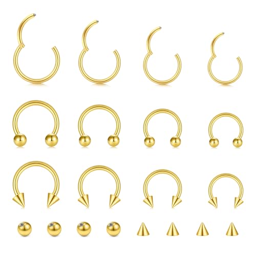 16G Hinged Clicker Segment Septum Rings Stainless Steel Nose Horseshoe Hoop Eyebrow Lip Cartilage Helix Tragus Earrings Piercing Jewelry 6/8/10/12mm Replacement Balls 3mm - color: Gold