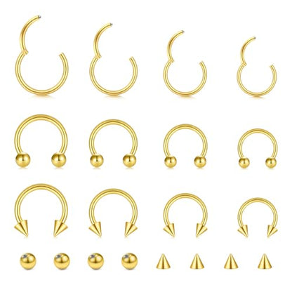 16G Hinged Clicker Segment Septum Rings Stainless Steel Nose Horseshoe Hoop Eyebrow Lip Cartilage Helix Tragus Earrings Piercing Jewelry 6/8/10/12mm Replacement Balls 3mm - color: Gold