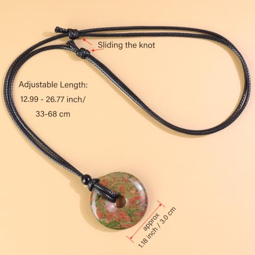 FANASY Natural Gemstone Pendant Necklce Lucky Coin Crystal Necklace Protection Donut Pendnat with Adjustable Rope for Men Women - color: Unakite