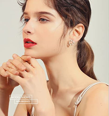 Elegant Pearl Stud Earrings S925 Sterling Silver Dainty CZ Crystal Birthstone Anadem Flower Wedding Earring Ear Piercing Leaf 18K Gold Plated Jewelry for Women Hypoallergenic