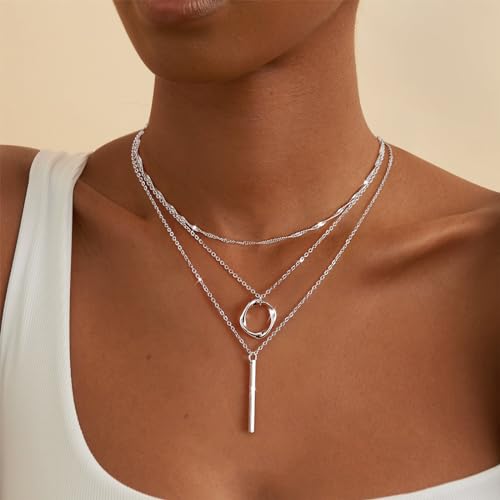 Cuzmly Layered Silver Necklaces for Women, Sterling Silver Stackable Stack Choker Necklaces for Women Trendy Layering Circle Pendant Chain Necklace Set Jewelry for Women - style: Bar