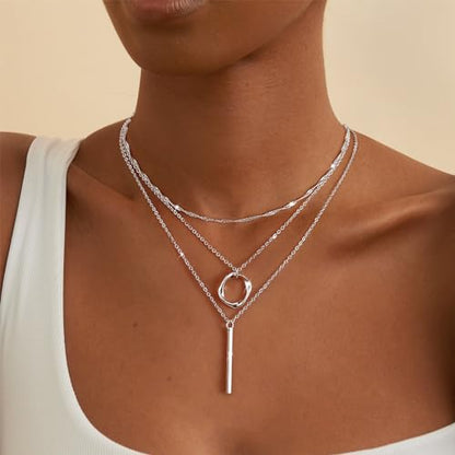 Cuzmly Layered Silver Necklaces for Women, Sterling Silver Stackable Stack Choker Necklaces for Women Trendy Layering Circle Pendant Chain Necklace Set Jewelry for Women - style: Bar
