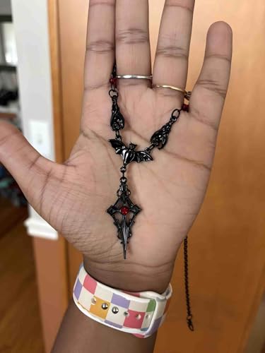 Slip Chain Choker for Women Handmade Black Stainless Steel Cuban Chain Chunky Moon Bat Raven Skull Pendant Gothic Punk Rock Collar Adjustable Lariat Y Necklace for Men - style: Bat cross
