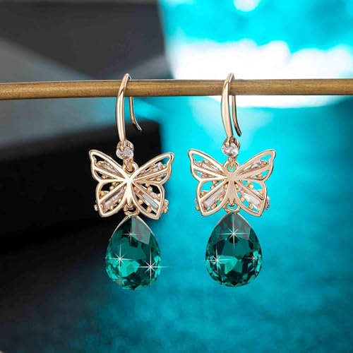 Austrian Crystal Teardrop Butterfly Drop Dangle Earrings for Women 14K Rose Gold Plated Hypoallergenic Jewelry - color: Emerald