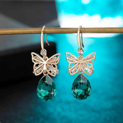Austrian Crystal Teardrop Butterfly Drop Dangle Earrings for Women 14K Rose Gold Plated Hypoallergenic Jewelry - color: Emerald