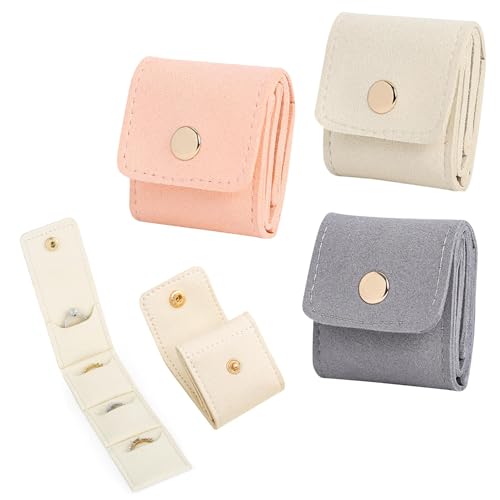 Mini Travel Jewelry Bag, Mini Travel Jewelry Roll Bag with Buckle, Jewelry Rolls (grey-beige-pink) - color: grey-beige-pink-3PCS