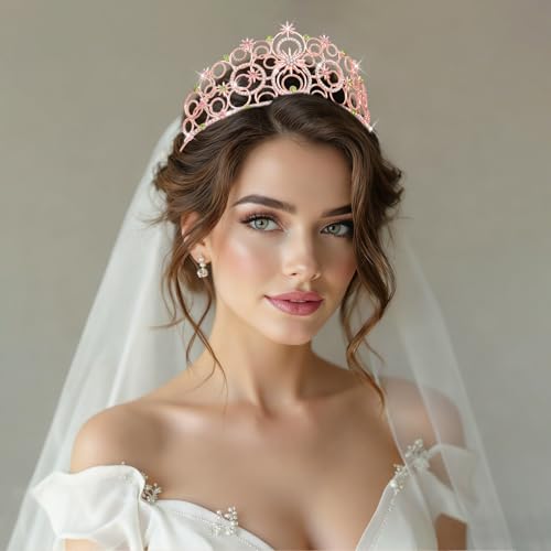 Crystal Crowns for Women, Crystal Bubble TiaraBride Royal Queen Headband Princess Headpieces for Women Bridal Wedding Prom Birthday Party Crowns - color: Rose Gold Pink Green