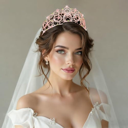 Crystal Crowns for Women, Crystal Bubble TiaraBride Royal Queen Headband Princess Headpieces for Women Bridal Wedding Prom Birthday Party Crowns - color: Rose Gold Pink Green