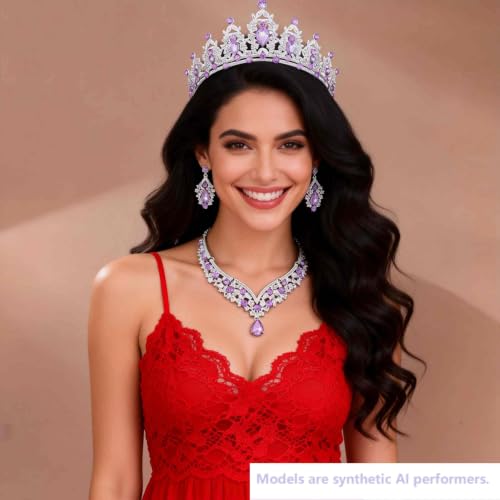 Kamirola Bridal Wedding Tiara Crown Jewelry Set for Women/Brides/Bridesmaids Crystal Jewelry Set for Wedding Prom Party Bridal Crystal Necklace Earrings Bracelet Set(TR60) - color: Silver Purple