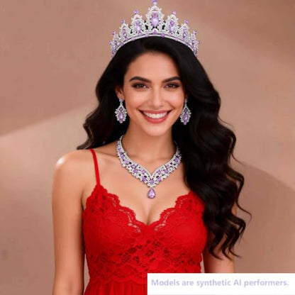 Kamirola Bridal Wedding Tiara Crown Jewelry Set for Women/Brides/Bridesmaids Crystal Jewelry Set for Wedding Prom Party Bridal Crystal Necklace Earrings Bracelet Set(TR60) - color: Silver Purple