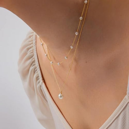 Pearl Necklace for Women, Dainty Pearls Choker Necklace for Women 14K Gold Plated Layered Pendant Necklace Handmade Gold Chain Necklace Everyday Jewelry Gift - color: Layered Satellite Pearl-Gold