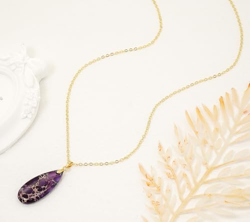 Stone Necklaces for Women Teardrop Gemstone Pendant Necklace Natural Stone Chain Necklaces - color: Purple Gold
