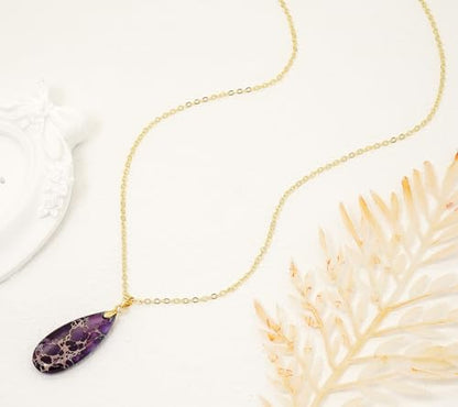 Stone Necklaces for Women Teardrop Gemstone Pendant Necklace Natural Stone Chain Necklaces - color: Purple Gold