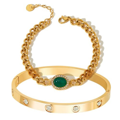 A D. ALLEN & DANMI. 18 K Gold Plated Love Bangle Bracelet Set Flexible Wide Wristband Bangle Bangle Set for Love - color: 2 Sests (Green Stone)