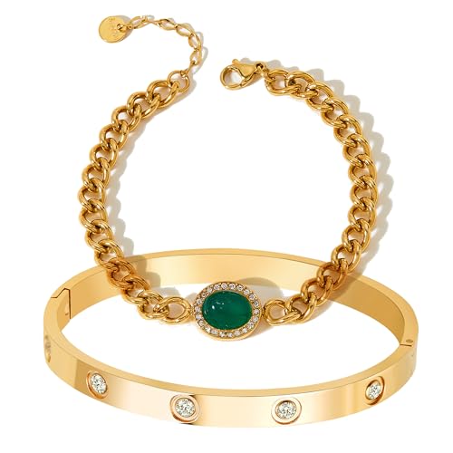 A D. ALLEN & DANMI. 18 K Gold Plated Love Bangle Bracelet Set Flexible Wide Wristband Bangle Bangle Set for Love - color: 2 Sests (Green Stone)