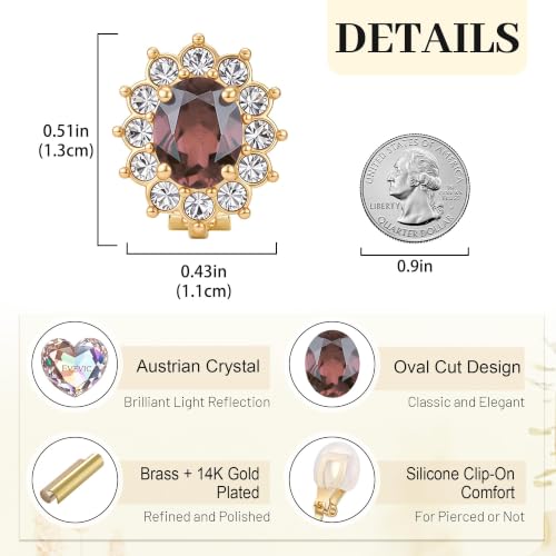 EVEVIC Oval Austrian Crystal Halo Clip On Earrings for Women | Oval Austrian Crystal with Zircon Halo,14K Gold-Plated,Silicone Comfort Pad,Gift Box Included,For Daily and Evening Events - color: Antique Pink