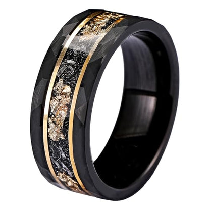 Mens Tungsten Carbide Wedding Bands 8mm Black Hammered Edge Gold Foil Inly Durable Scratch Proof Stainless Steel Cool Promise Ring for Him Comfort Fit - color: Black-8mm