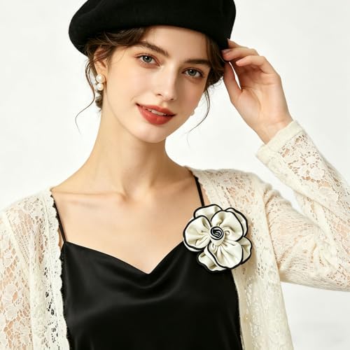 Camellia Flower Brooch Pin for Women Black Flower Brooches Large Fabric Flowers Brooch for Women Dress Accessorie - color: White flower brooch