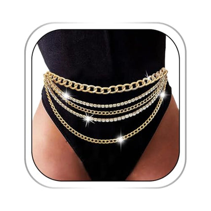 Rhinestone Sparkly Waist Chain Gold Layered Waist Chains Crystal Belly Chain Tassels Body Jewelry for Women
