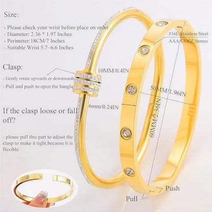 Gold Bangles for Women, 4 Pcs 18K Gold Plated Stainless Steel Stackable Bangle Bracelets, Non Tarnish CZ Bangles Set, Trendy Jewelry Gifts for Women - color: Gold-3