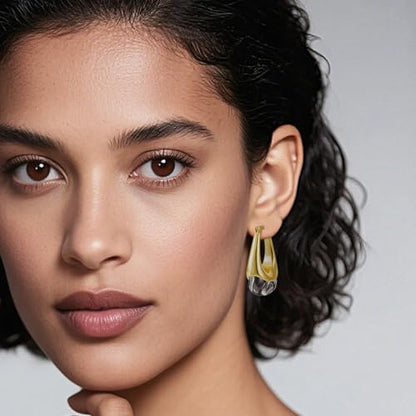 LAXPICOL Gold Chunky Dangle Earrings For Women Resin Stone Earrings Hoop Earrings, 18k Plated Oval Resin Stone Statement Earrings for Women Unique Dangling Teardrop Baroque Huggies Hoop Earrings - color: Gold