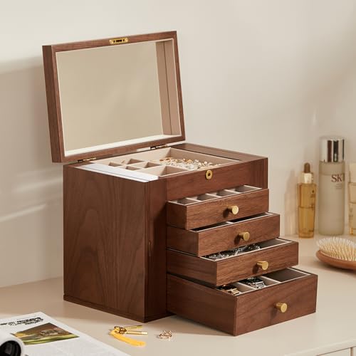 CHOSIN Black Walnut Wooden Jewelry Box for Women with Lock, Mirror, 5 Layer | Lockable wity Key, 4 Drawers, 2 Side Doors, Large Capacity for Necklaces, Earrings, Rings, Watches, Brooches, Women Gifts - size: 5 Layer - Top Lock