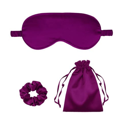 3Pcs Satin Eye Mask Silk Sleep Masks Set Silky Blindfold Eyeshade Blackout Eyes Cover Pouches Bag Scrunchy Wedding Gift - color: Plum