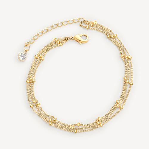 MEVECCO Dainty Chain Bracelets for Women, Layered and Charm Styles | 14K Gold Plated Brass, Select Cubic Zirconia Accents, Single and Multi-Row Structures for Refined Everyday Wristwear - style: 3 Layer Satellite Chain Gold