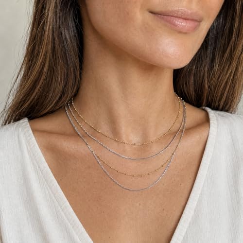 Stackable Chains Women 18K Plated Box Cuban Paperclip Layered Chain Choker Necklace Gold Silver Multi Chain Mixed Metal Stack Chains Set for Women - color: bead chain necklace