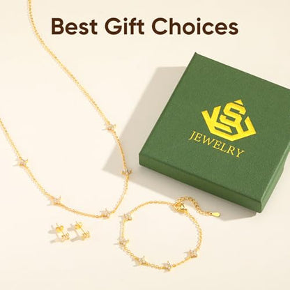 KSF CZ Clover Jewelry Set for Women Necklace Bracelet Earrings Birthday Gift - color: Gold-Clover