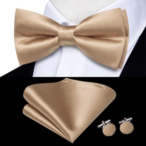 Hi-Tie 5Pcs Mens Solid Color Silk Tie Satin Pretied Bowtie Lapel Pin for Men Handkerchief Cufflink Wedding Gift Box - color: Beige