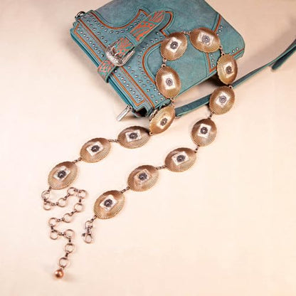 Montana West Rustic Couture's Turquoise Western Concho Chain Belt for Women | Large Western Cowgirl Metal Adjustable Boho Body Chain Belt for Dresses Jeans Country Concert - color: Bronze